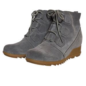 NWOT Sorel Evie US Sz 10 Gray Suede Ankle Booties Lace Up Wedge Weatherproof